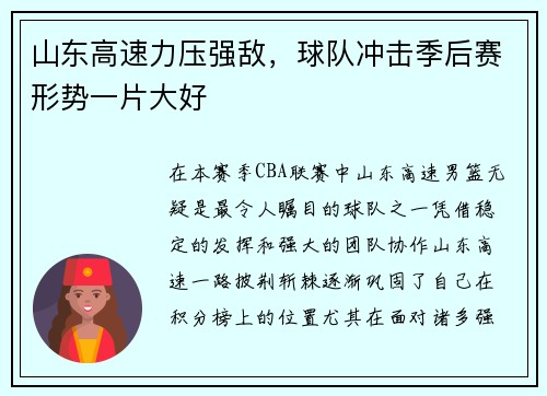 山东高速力压强敌，球队冲击季后赛形势一片大好